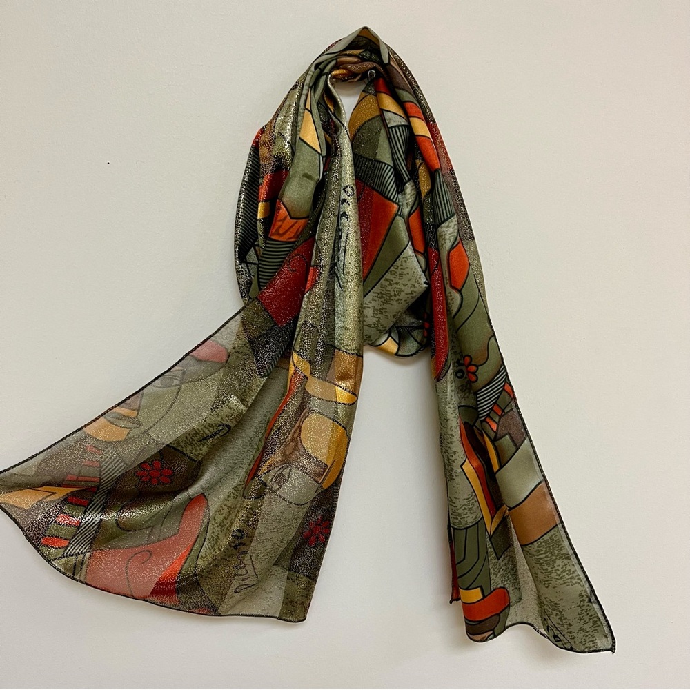 Elegant Green and Orange “Picasso” Abstract Scarf